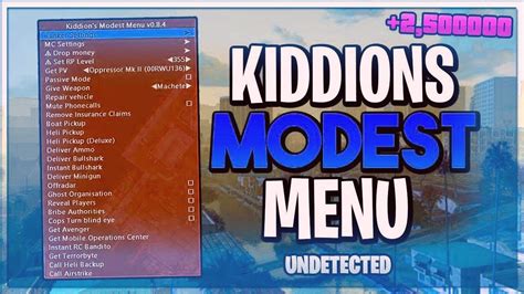 Kiddion mod menu scripts - Thanks Kiddions! You are awesome!!! Enter - Select Backspace - Back I - Up J - Left K - Down L - Right F5 - Open/Close Menu HOTKEYS F6 - Teleport to Waypoint F7 - Heal All F8 - Toggle Wanted Level F10 - Teleport to Objective``` _ _. Hey bro iam trying to understand how the 117 118 numbers map to keyboard buttons...